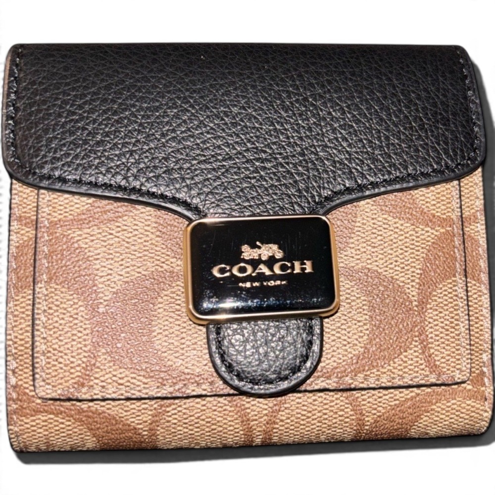 Coach Signature Canvas Black Pebbled Leather Trifold Wallet Gold Logo Classic